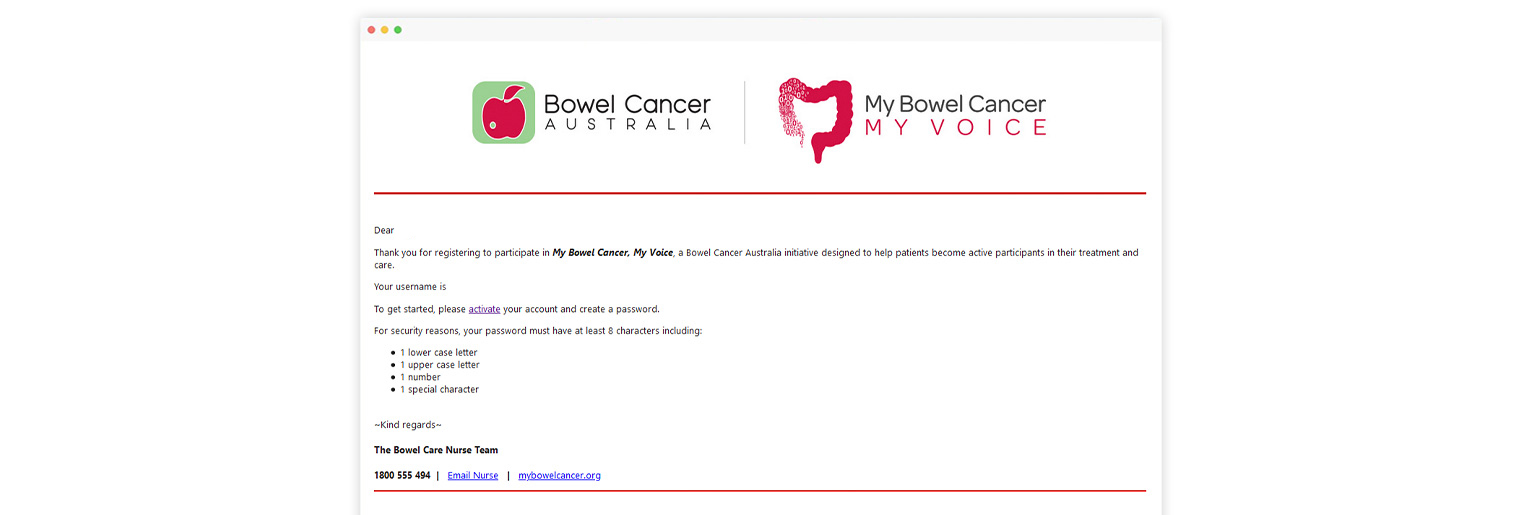 My Bowel Cancer My Voice create your password welcome email