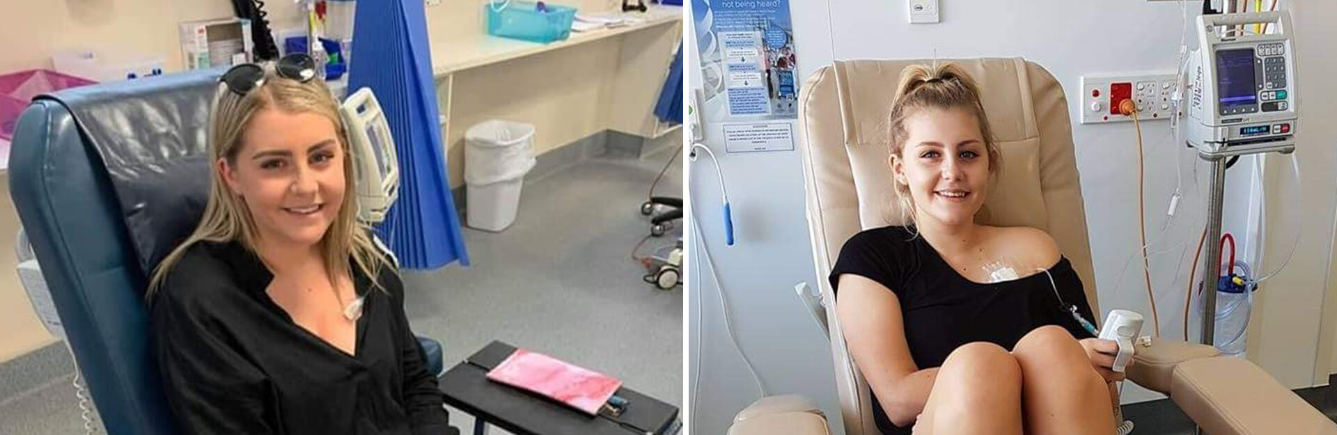 Two young women sit in medical chairs, receiving treatment in a clinical setting. Medical equipment is visible in the background.