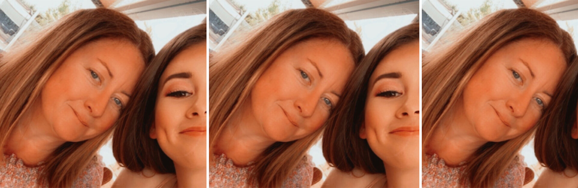 Two women are smiling closely together in three selfies, with warm lighting and a blurred background.