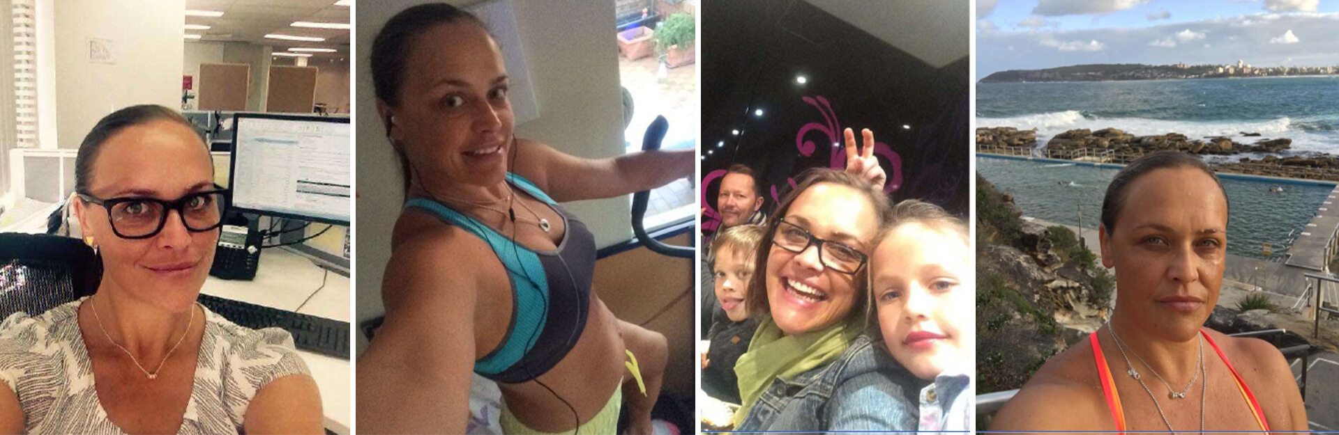 A collage of four selfies: at an office, exercising, with children, and by the ocean.