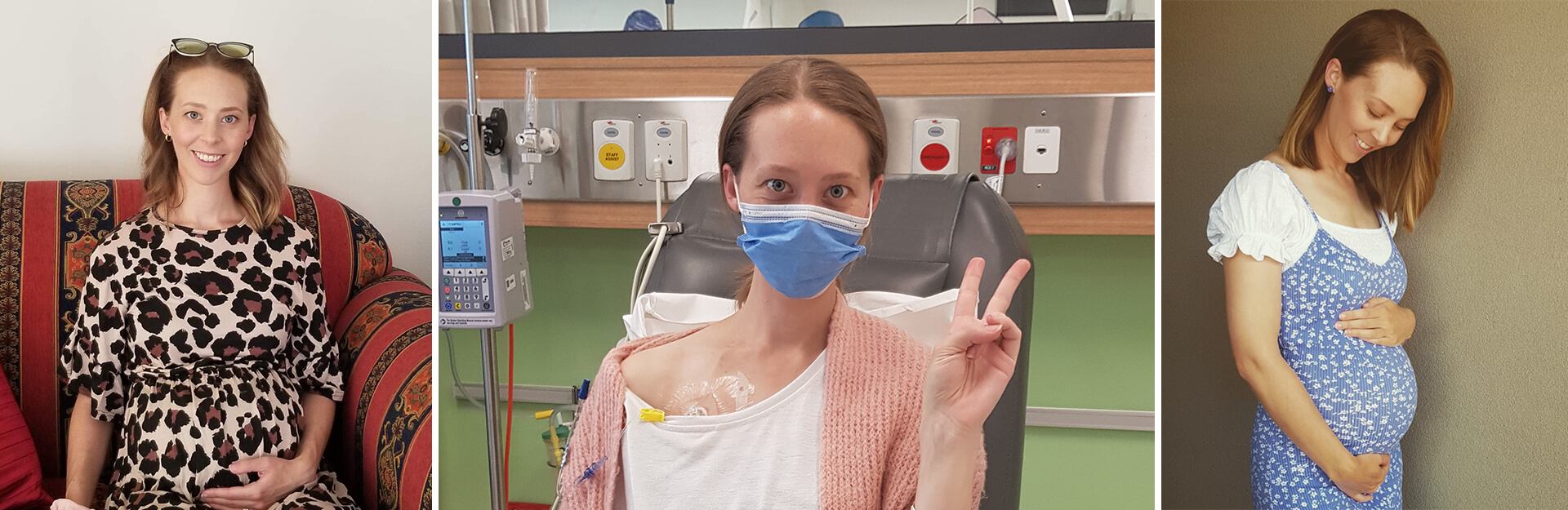 Three images of a pregnant woman: one at home smiling, one in a hospital with a mask, and one cradling her belly.