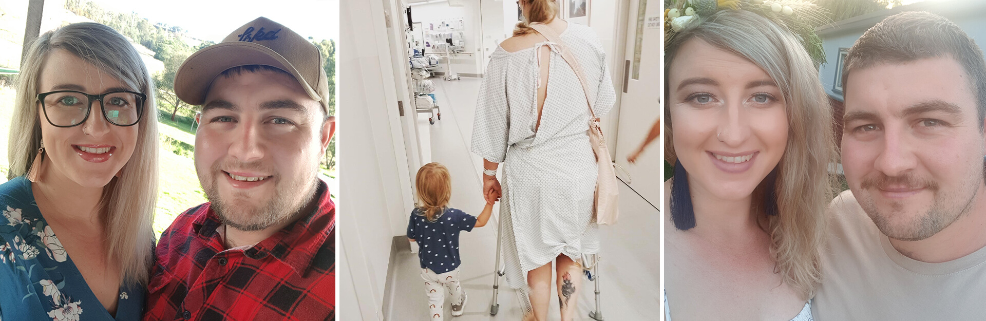 A collage of three images: a couple smiling, a child holding hands with an adult in a hospital, and a woman with floral accessories.