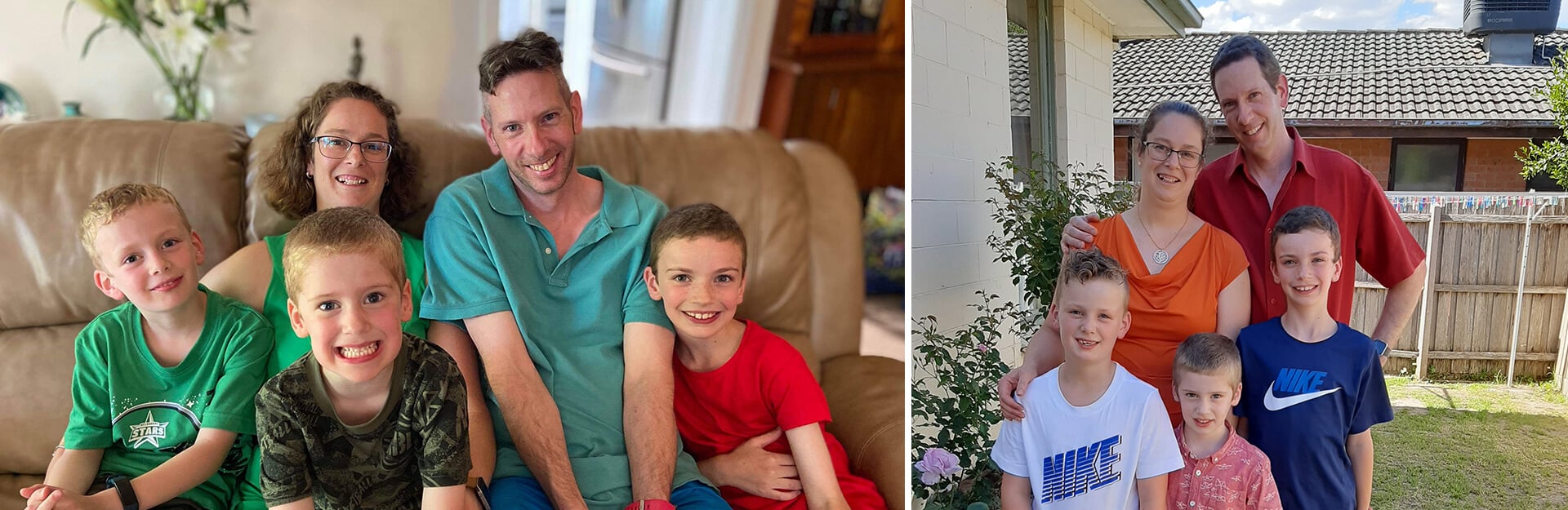 A family of five poses together, smiling, in two separate images. The first is indoors on a couch, the second outdoors.