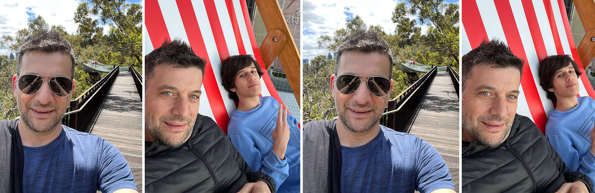 Two selfies of a man and a young person outdoors, surrounded by trees and a wooden walkway, with a large striped chair in one.