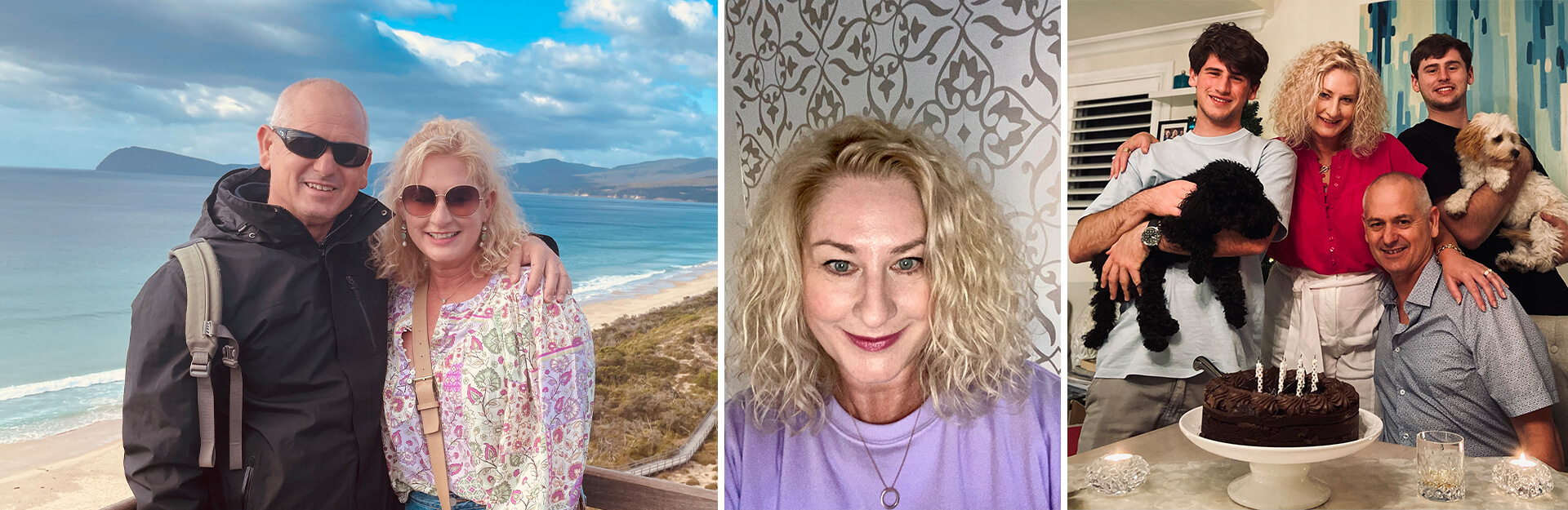 A collage of three images: a couple by the beach, a woman smiling, and a family with pets around a cake.