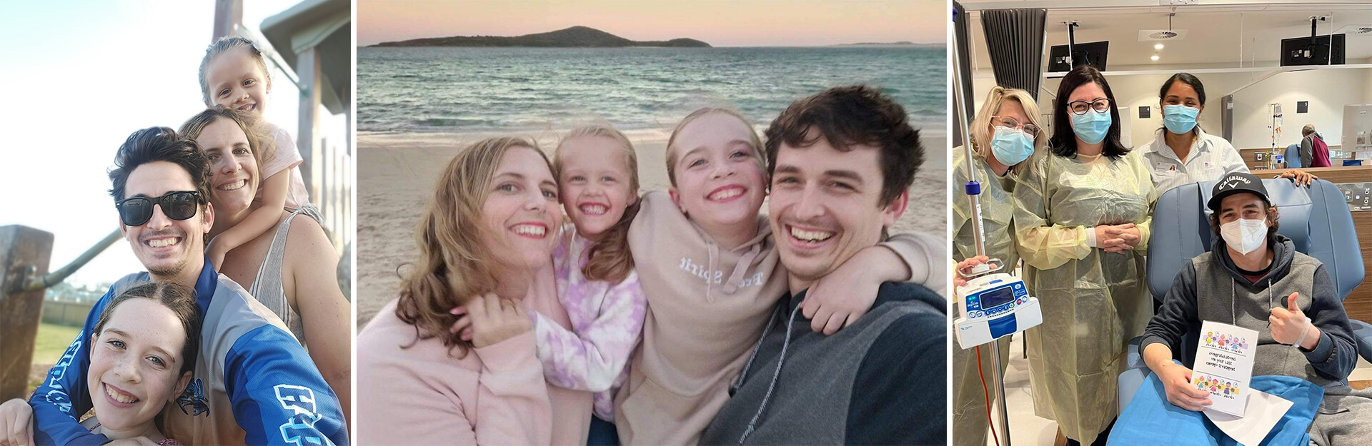Three images: a family portrait outdoors, a beach scene with smiling women and children, and a patient with medical staff in a hospital.