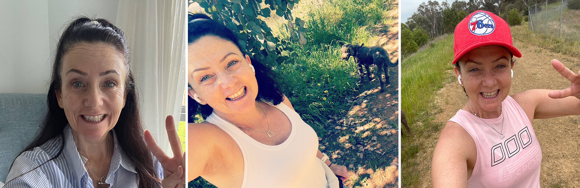 Three images of a woman: smiling indoors, outdoors with a dog, and taking a selfie while exercising on a trail.