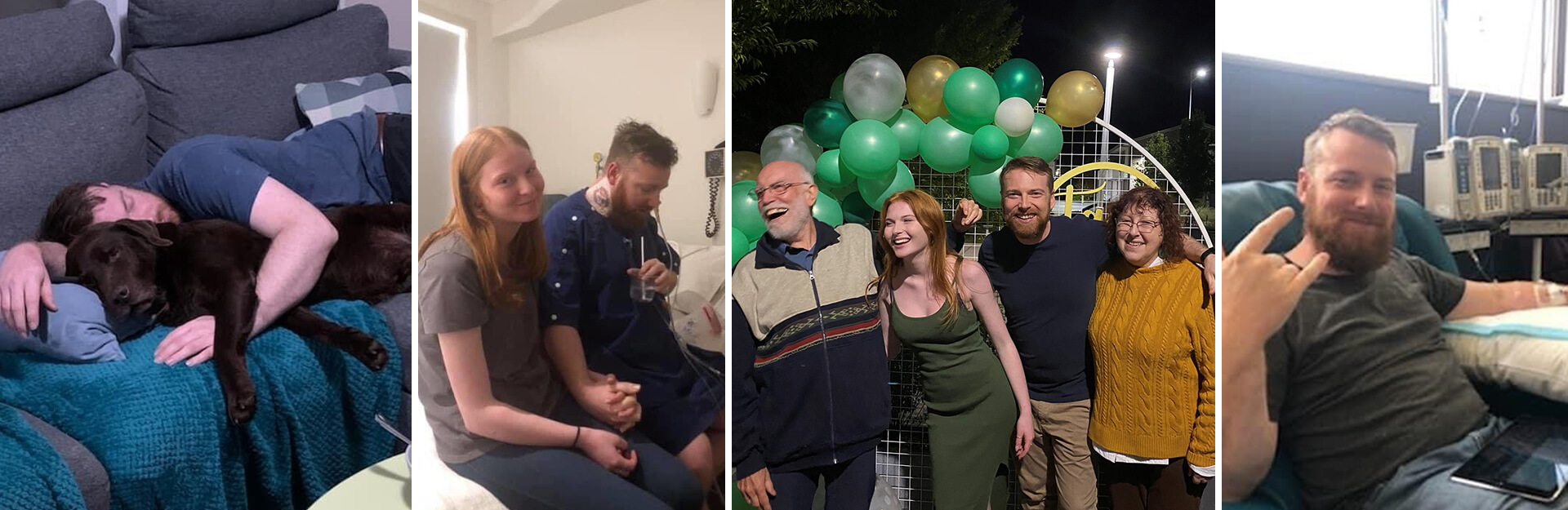 A collage of five images: a man sleeping with a dog, friends in a hospital, a joyful group with balloons, and a man in a medical setting.
