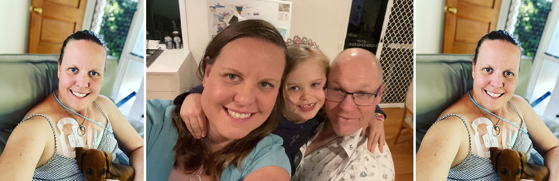 A woman with a dog on her lap smiles for a selfie, with a child and a man in the background.