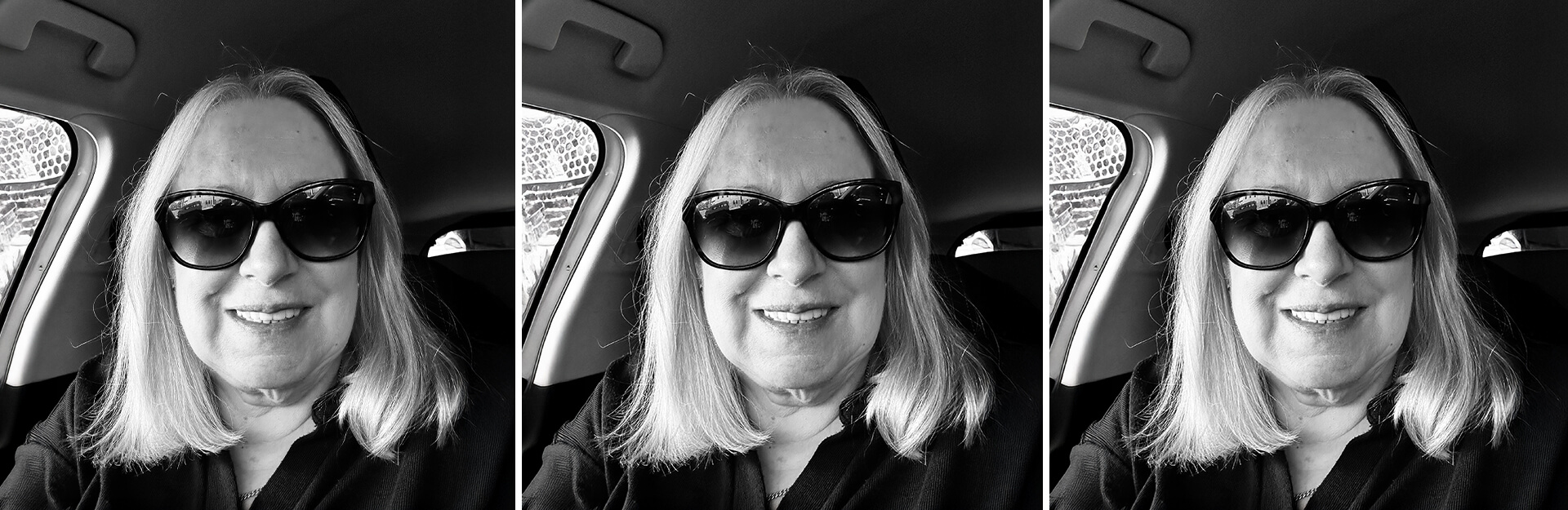A woman with long hair and sunglasses smiles while sitting in a car, shown in three identical black-and-white images.