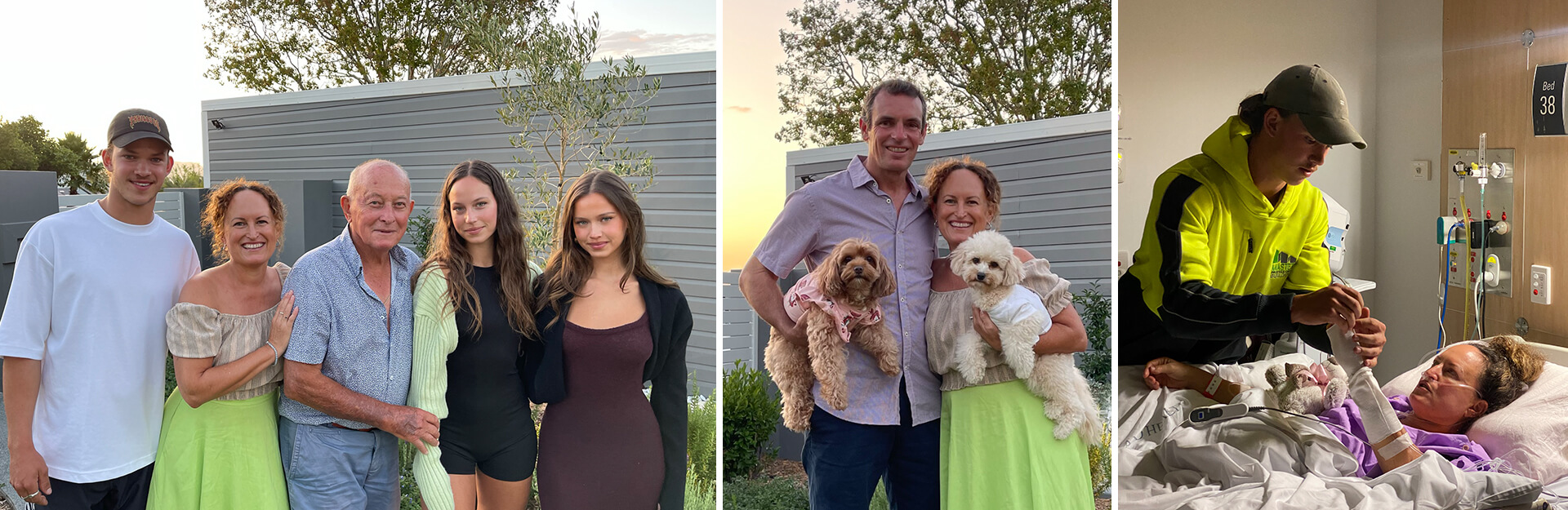 A family poses outdoors with two dogs, followed by a hospital scene with a young man caring for a woman in bed.