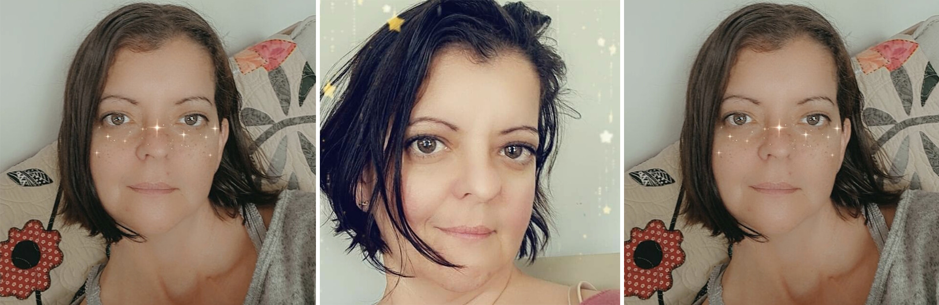 A woman with short hair poses for three selfies, featuring sparkles around her eyes, with a patterned background.