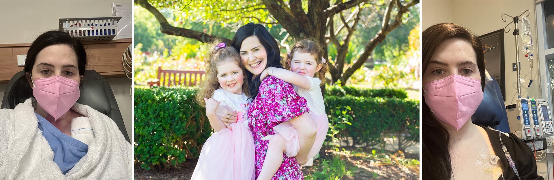 A collage of three images: a woman in a hospital with a pink mask, a woman with two children outdoors, and another hospital image.