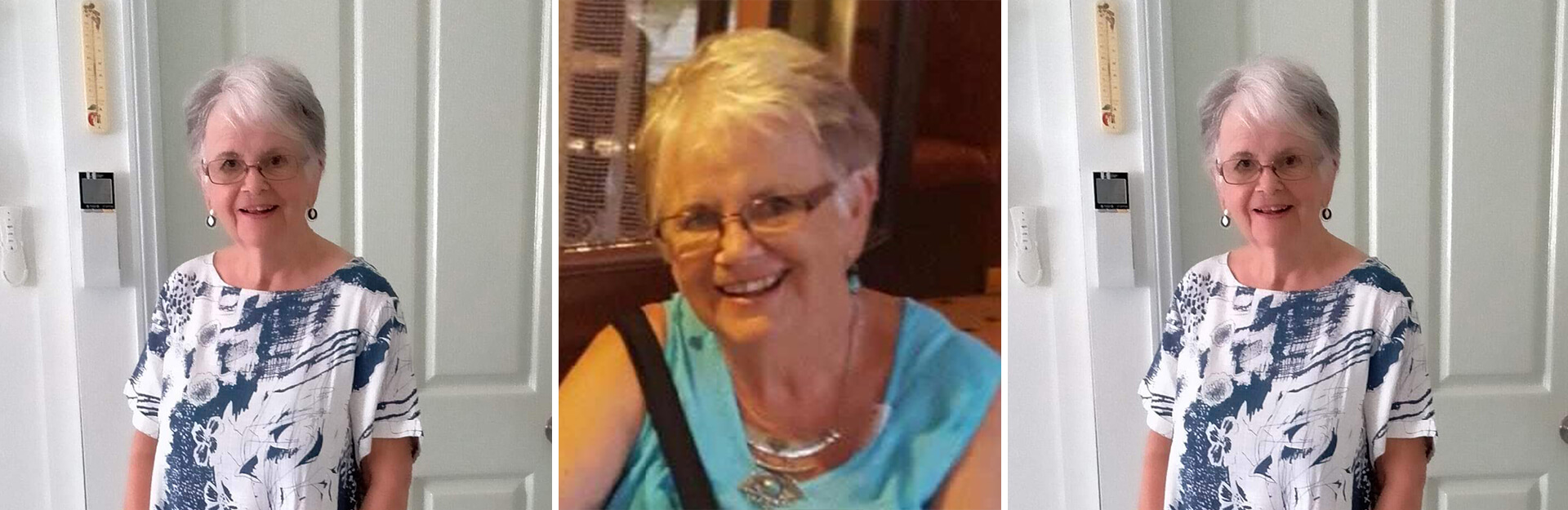 Three images of a smiling older woman with short gray hair, wearing a patterned shirt and glasses, standing indoors.