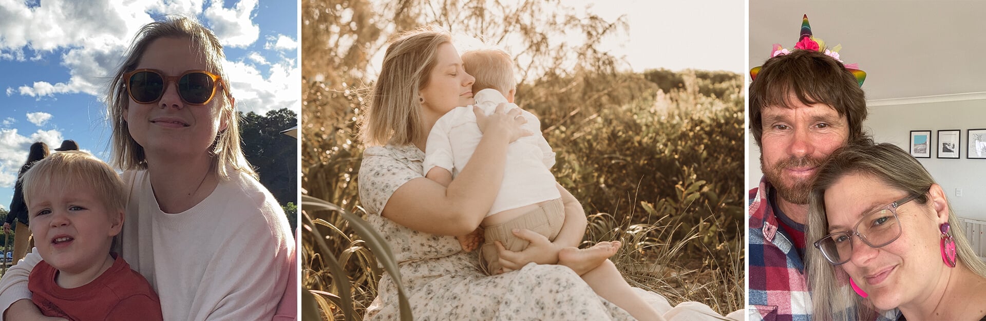 Three images: a woman with sunglasses holding a child, a mother embracing her child outdoors, and a couple smiling together indoors.
