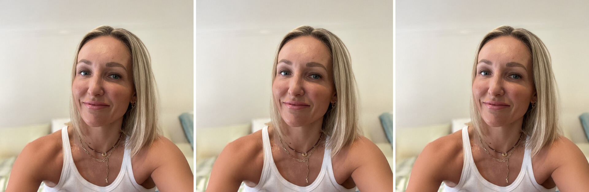A woman with blonde hair and a white tank top smiles, sitting in front of a light background.