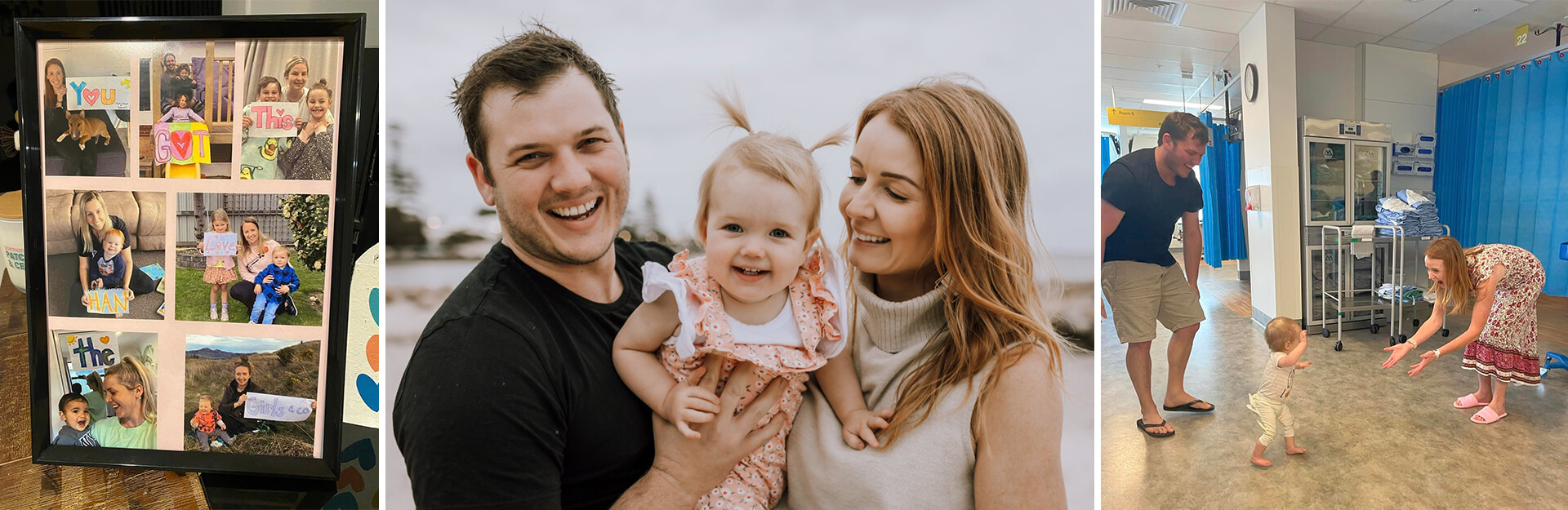 A collage of family photos, a smiling couple with a baby, and a child walking towards two adults in a hospital setting.