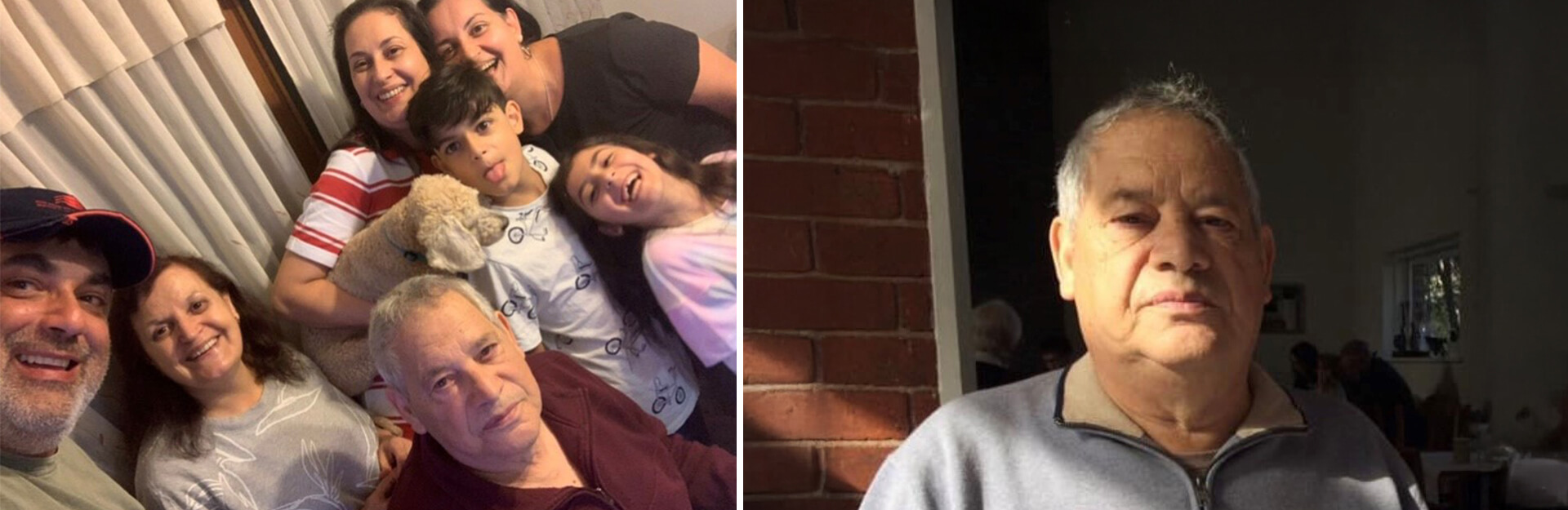 A group photo of five people smiling, with one holding a dog, and a second image of an older man looking at the camera.