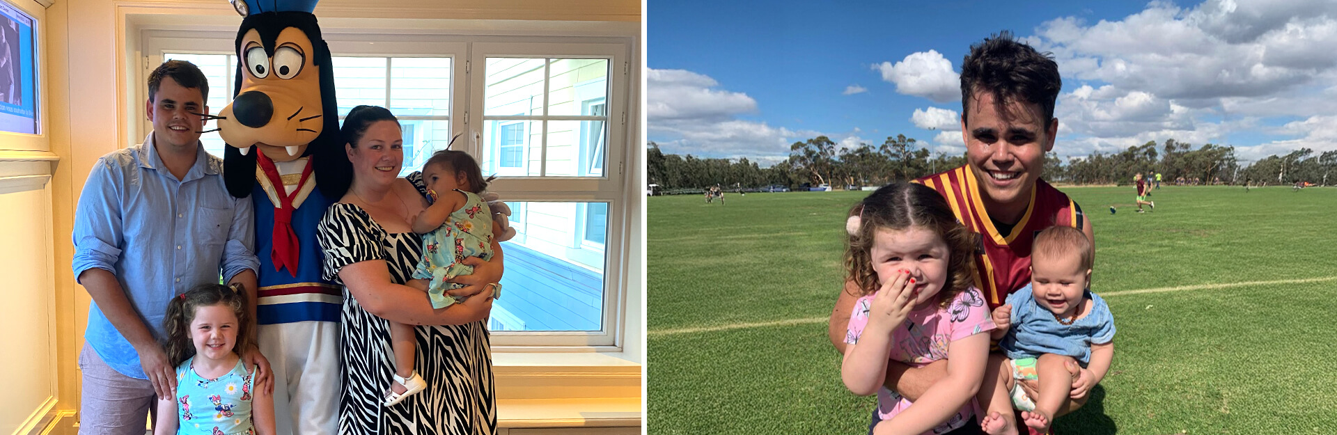 A family poses with a cartoon character indoors, and another image shows children playing on a sports field outdoors.