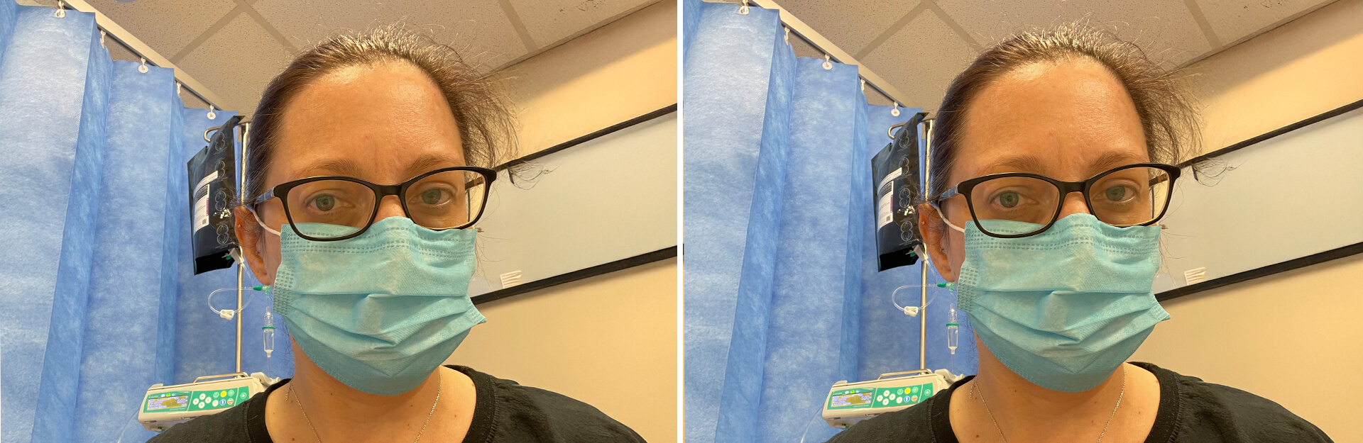 A person wearing glasses and a blue mask sits in a hospital room with blue privacy curtains and medical equipment visible.
