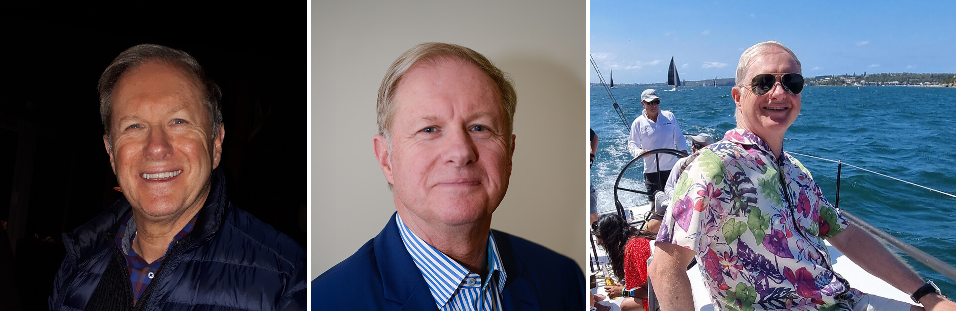 Three images of a man: smiling in a dark setting, in a formal portrait, and on a sailboat wearing a floral shirt.