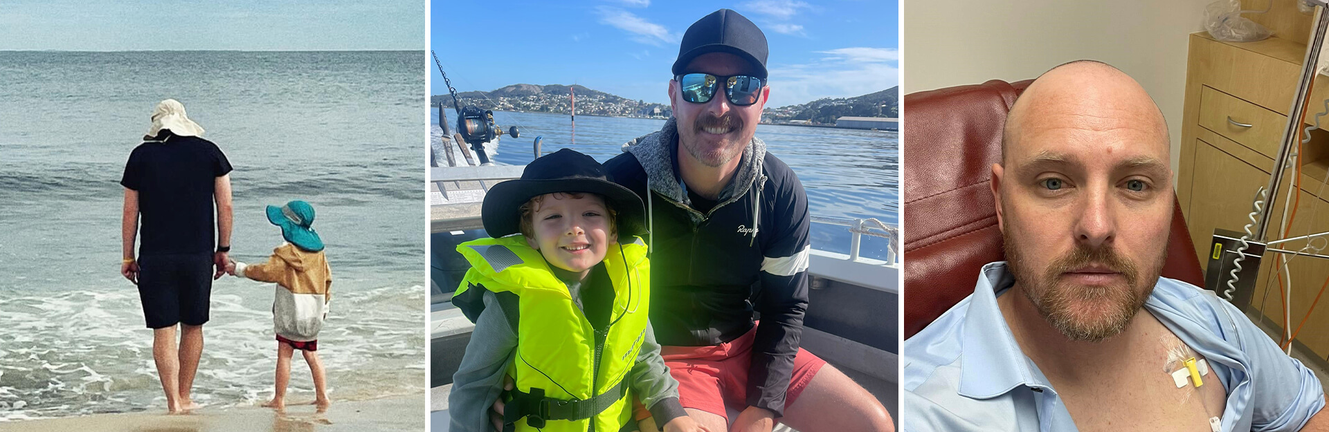 A collage of three images: a person and child at the beach, a man with a child on a boat, and a man in a medical setting.