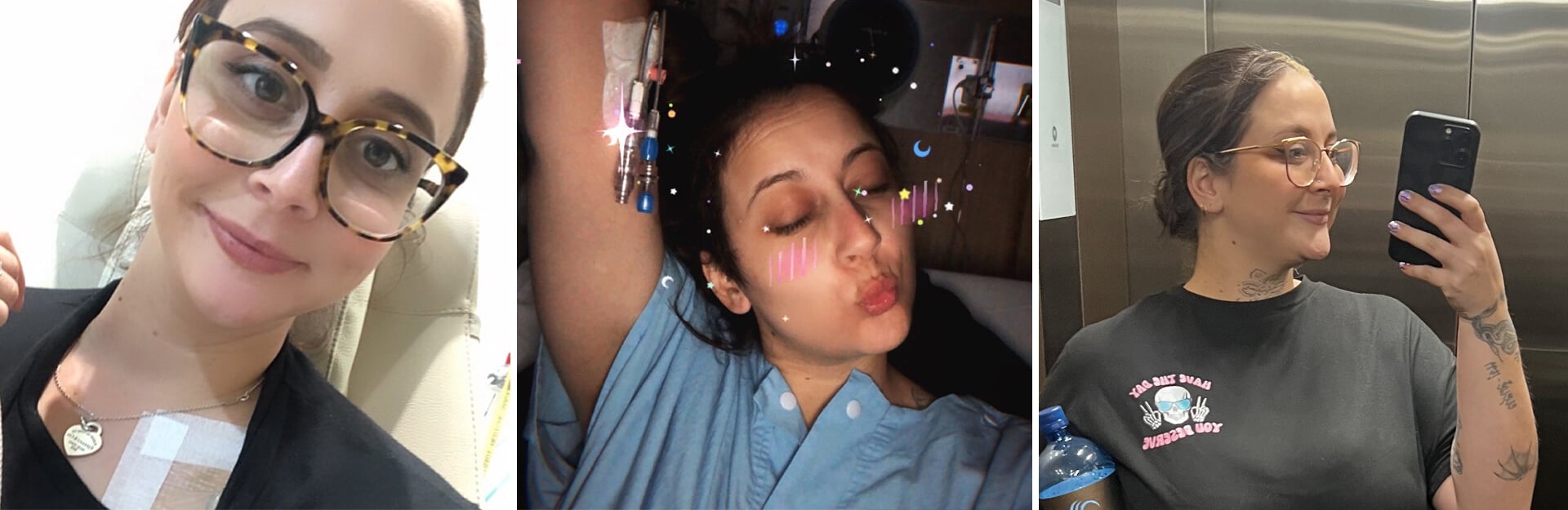 Three selfies of a woman: one in a medical setting, one with a playful expression, and one in an elevator.