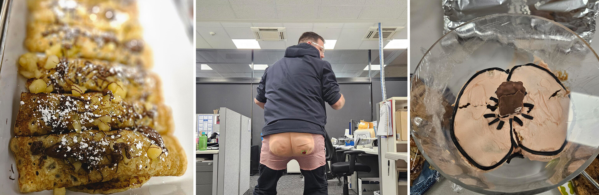 Three images: sweet pastries, a person in an office showing their bare backside, and a dessert with a spider design.