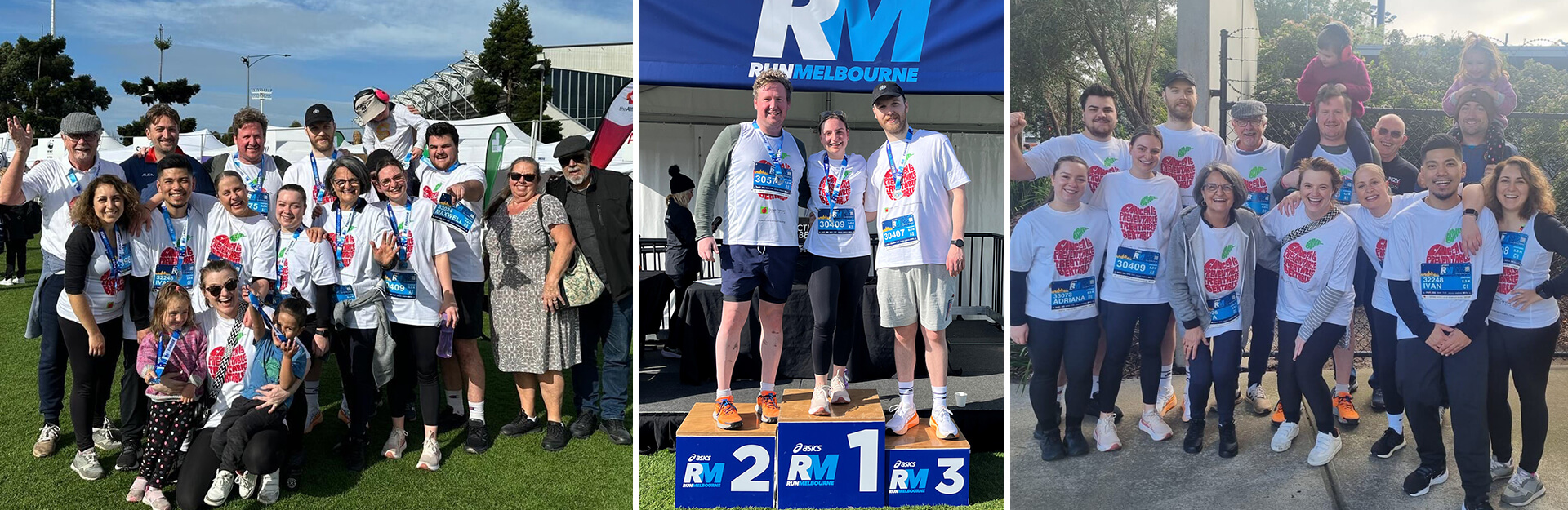 A group of participants in matching shirts poses together at a running event, celebrating their achievements.