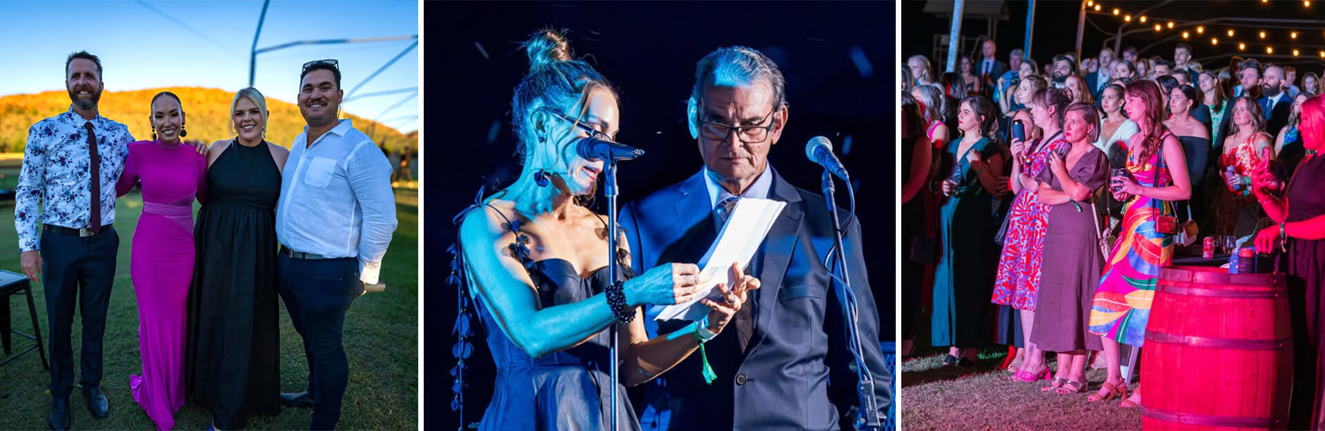 Three images: a group of four people smiling outdoors, a woman and man speaking on stage, and a crowd enjoying a performance.