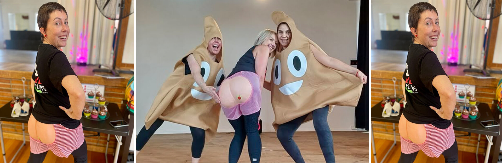 Three women pose playfully; one in a black shirt and pink skirt, two in poop emoji costumes, all smiling.