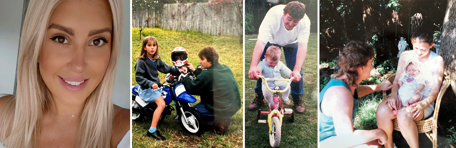 A collage of four images: a smiling woman, children on bikes, a man helping a toddler, and two women with a baby.