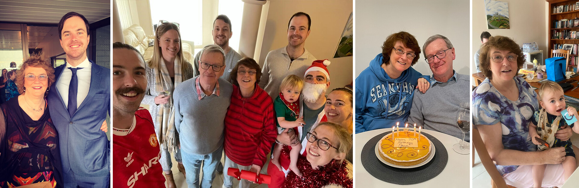 A collage of four family gatherings featuring smiling people, celebrations, and a birthday cake with candles.