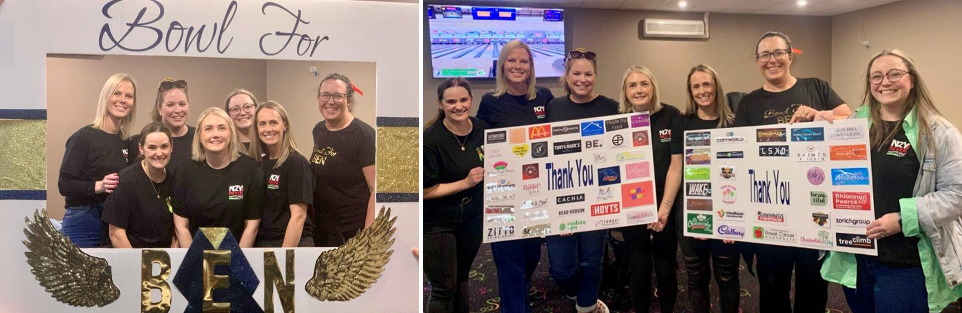 A group of women in black shirts smiling, holding a large "Thank You" sign with various logos, at a bowling event.