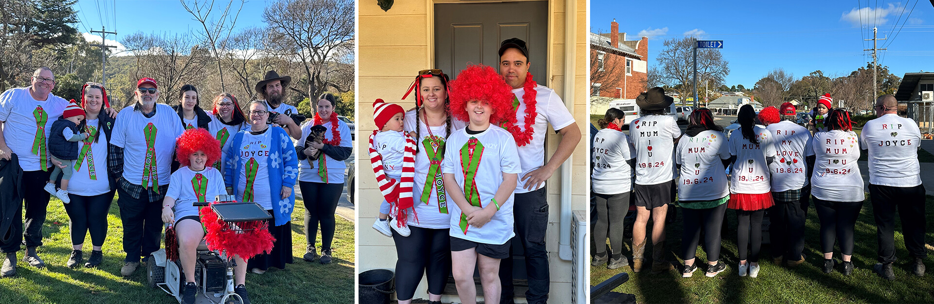 A group of people in festive attire with matching shirts, some with red wigs, pose together outdoors.