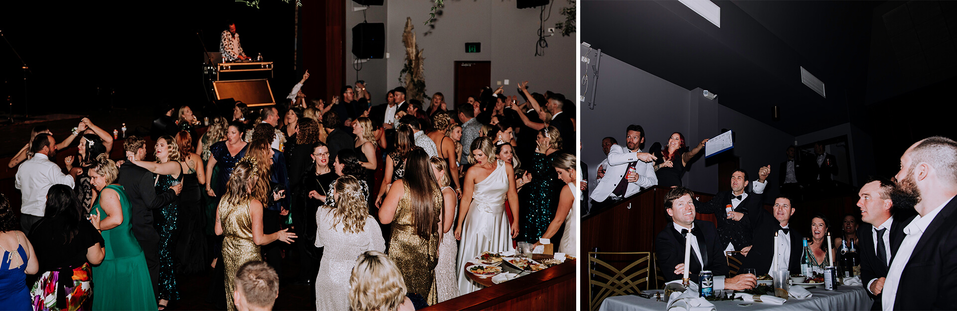 A lively party scene with guests dancing and enjoying food, in formal attire, with a DJ in the background.