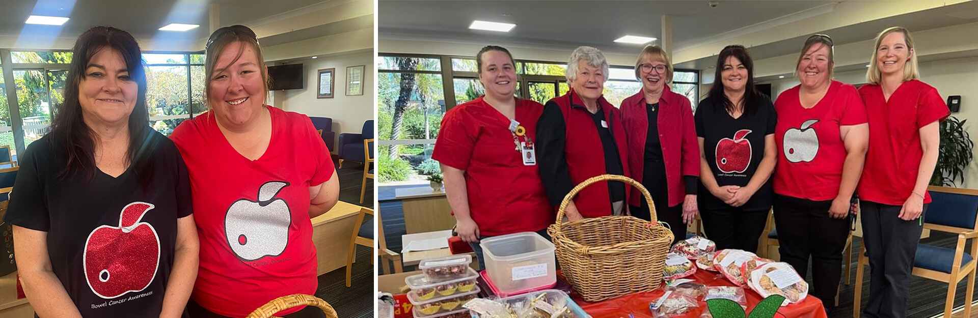 Two groups of women pose together, wearing matching shirts for bowel cancer awareness, with a table of treats in front.