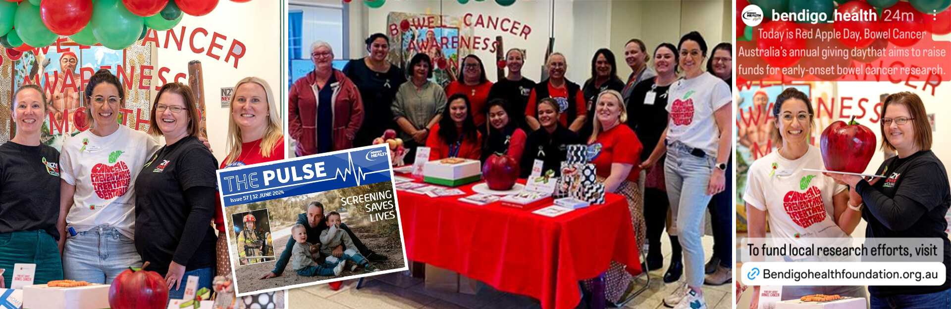 A group of people in red shirts promoting bowel cancer awareness at an event with decorations and informational materials.