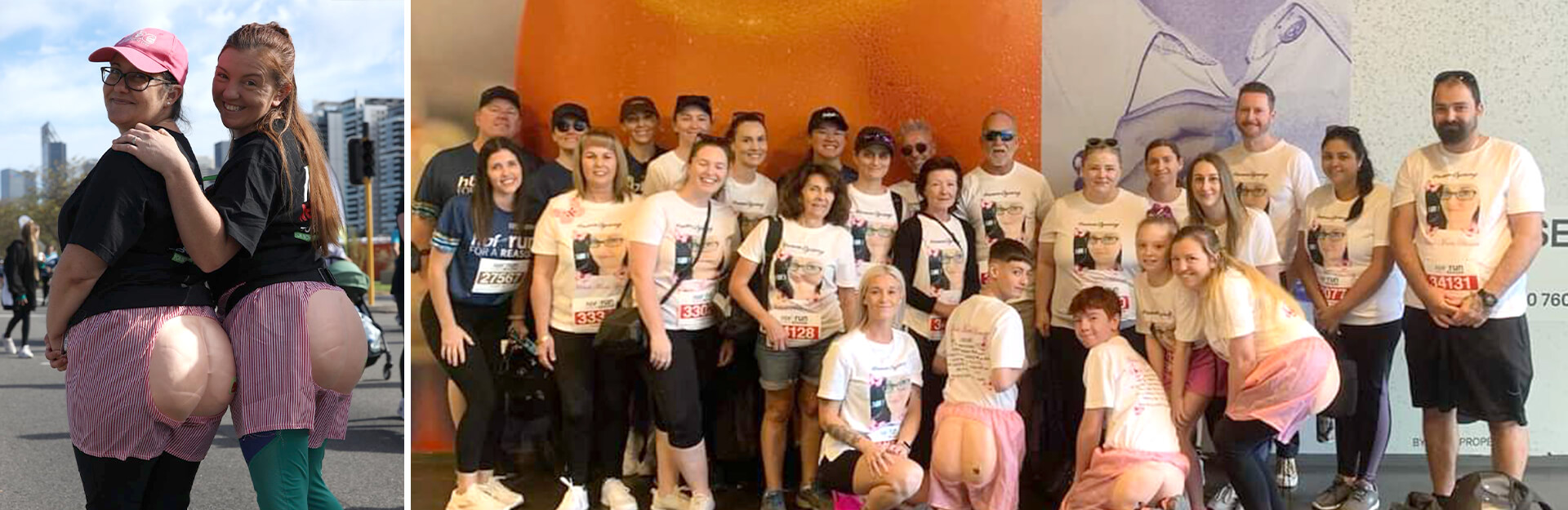 Two women in humorous outfits with fake buttocks pose together, while a large group in matching shirts gathers for a photo.