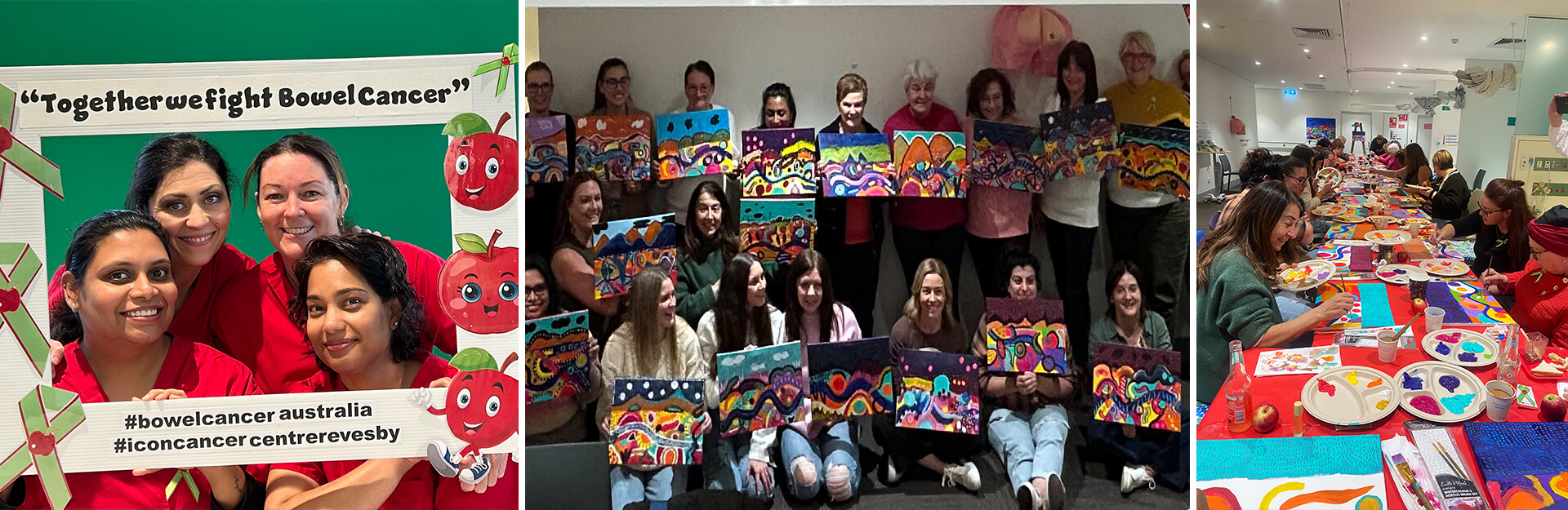Three images showing groups of people supporting bowel cancer awareness through painting activities and events.