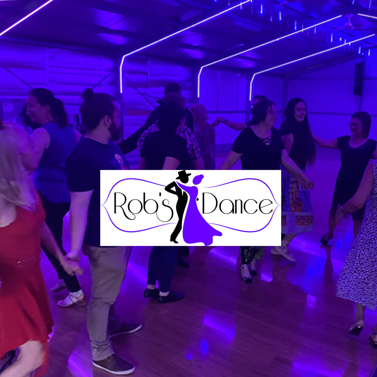 A group of people dancing in a well-lit space with purple lights, featuring the logo "Rob's Dance" at the center.