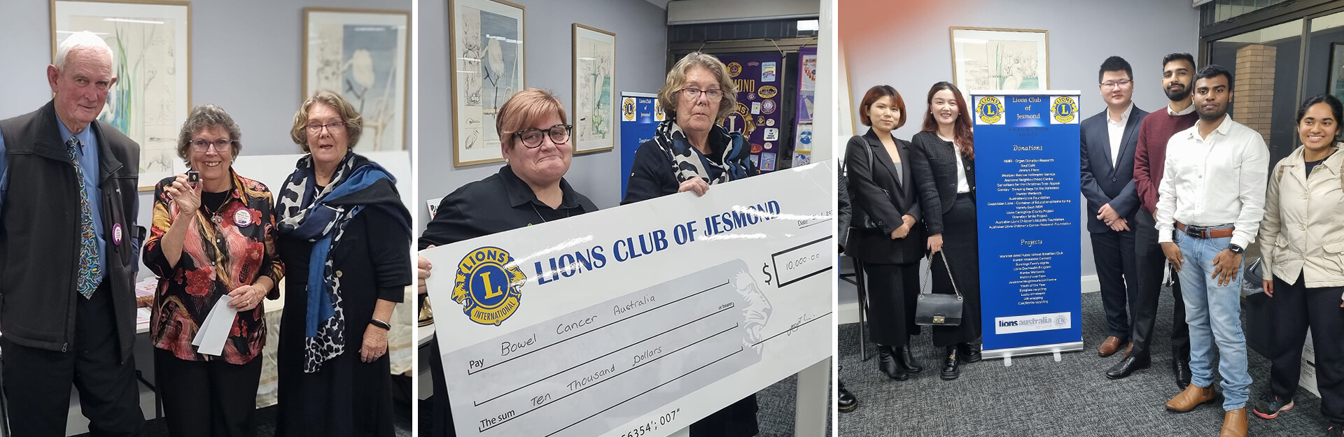 A group of people at a Lions Club event, presenting a large check for $10,000 to support Bowel Cancer Australia.