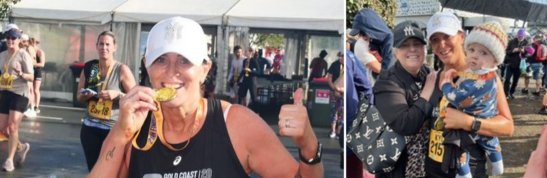 Two images: one shows a woman celebrating with a medal, the other shows her with a child and friends at a race event.