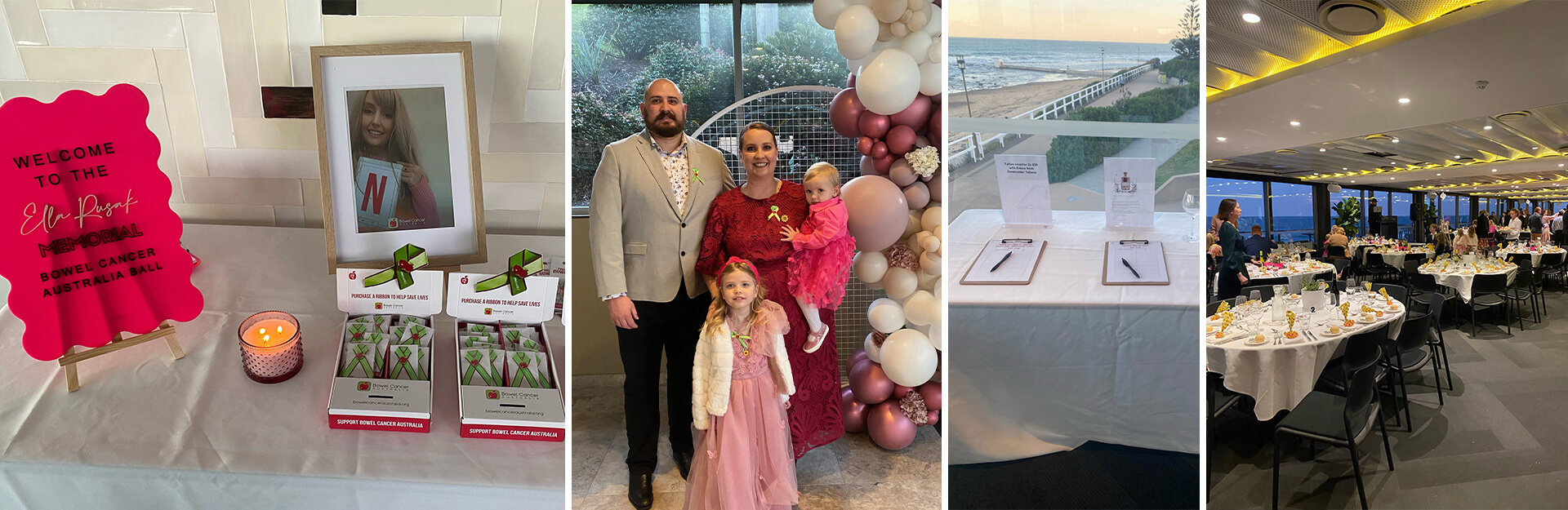 Images of an event featuring a welcome sign, family photo, beach view, and elegantly set dinner tables.