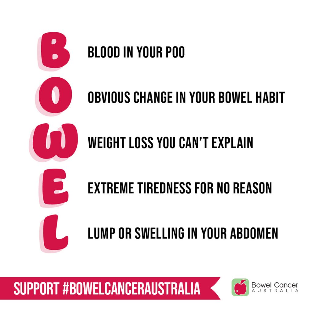 Bowel cancer symptoms listed: blood in stool, changes in bowel habits, unexplained weight loss, extreme tiredness, abdominal lump.