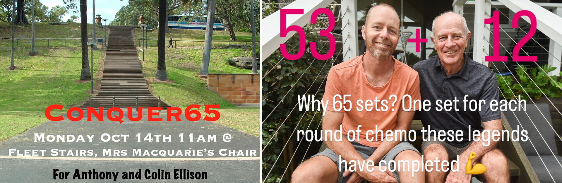 Image of stairs leading up a grassy hill with two men sitting on a bench, promoting an event for cancer support.