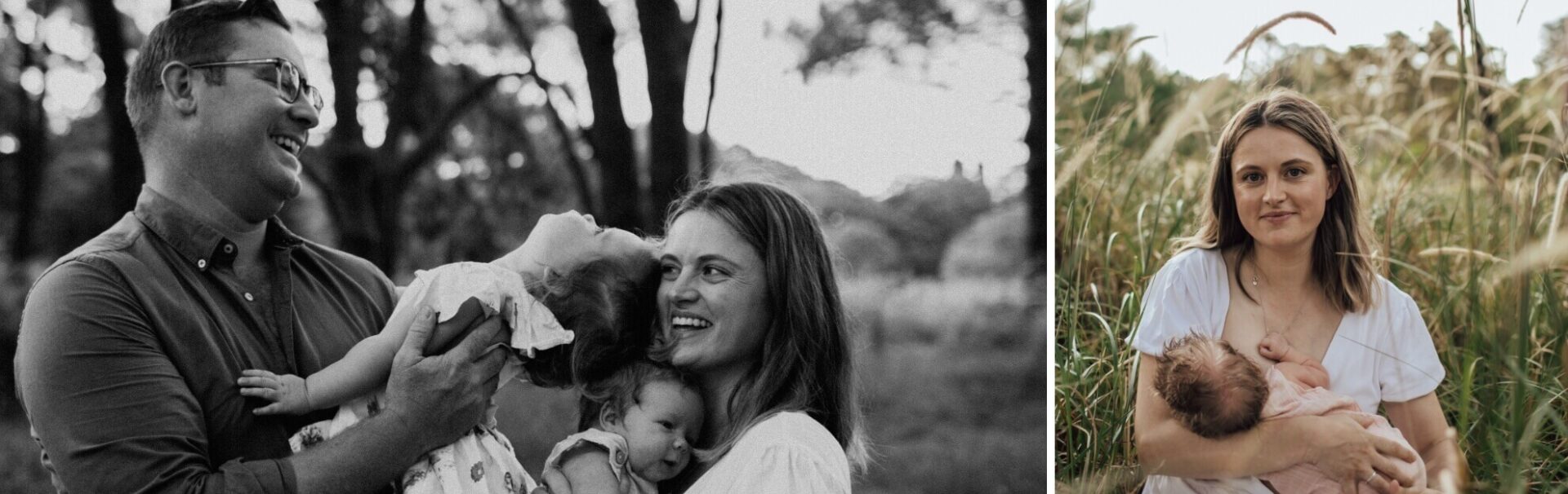 A joyful family portrait featuring a couple holding two babies outdoors, surrounded by trees and grass.