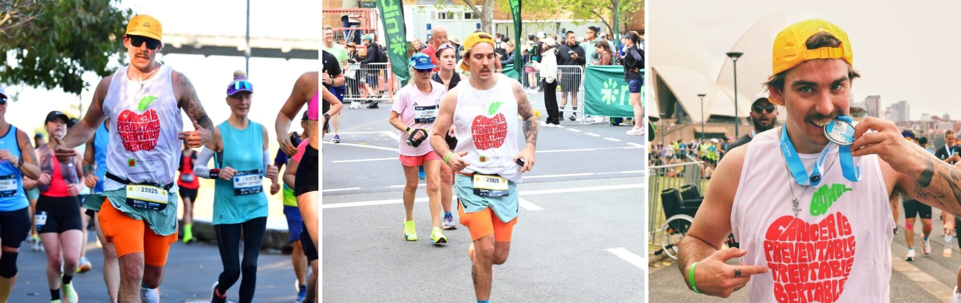 A runner in a colorful outfit participates in a race, holding a medal and smiling, with other runners in the background.