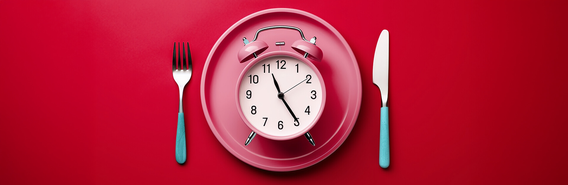 A pink alarm clock on a pink plate, accompanied by a fork and knife, against a red background.