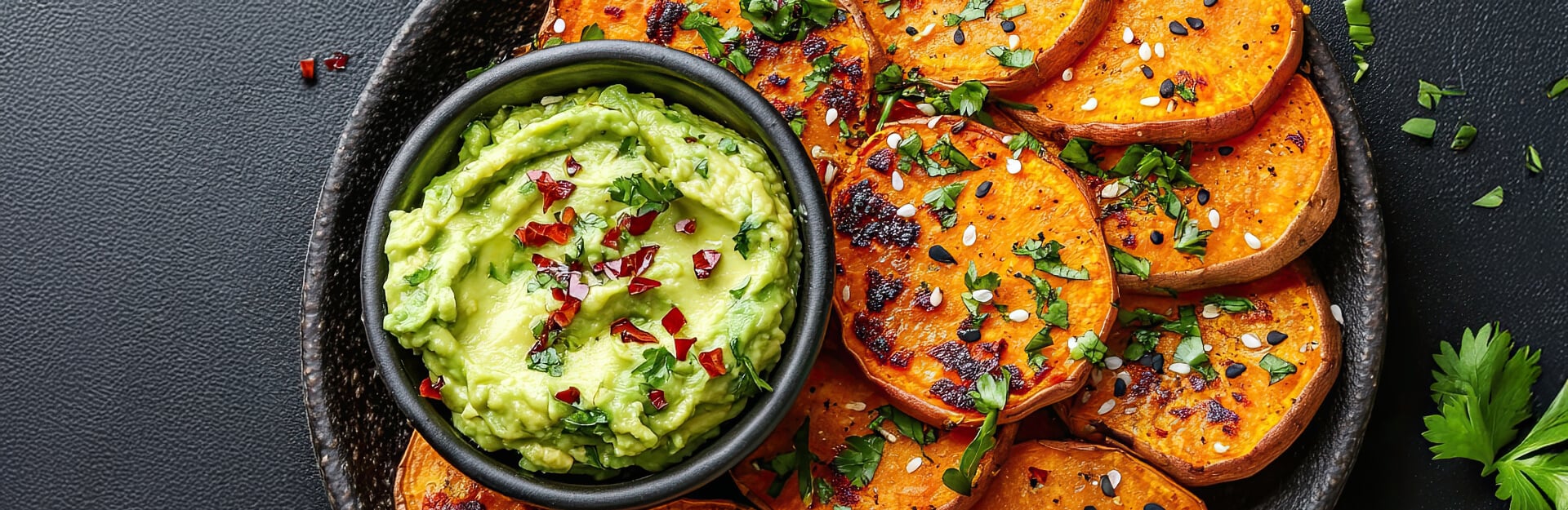 A black plate with roasted sweet potato slices and a bowl of guacamole topped with red pepper flakes and herbs.